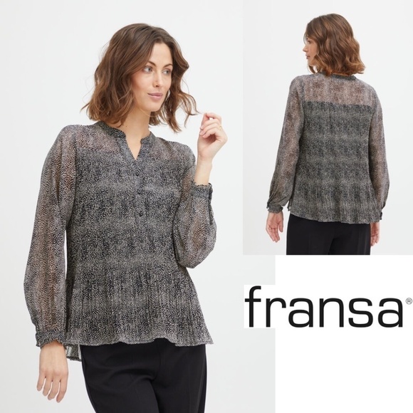 NWOT Fransa Plisse Black/Cream Abstract Print Long Sleeve Blouse Size L - Picture 1 of 17
